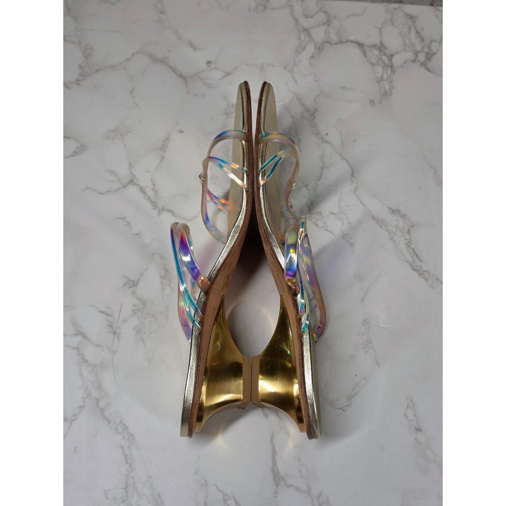 Stuart Weitzman Focus Gold Iridescent Holographic Kitten Heel Sandals 7M Y2K - Picture 10 of 12